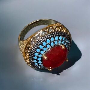 Elegant Gold and Red with blue Gemstone Cocktail Ring
